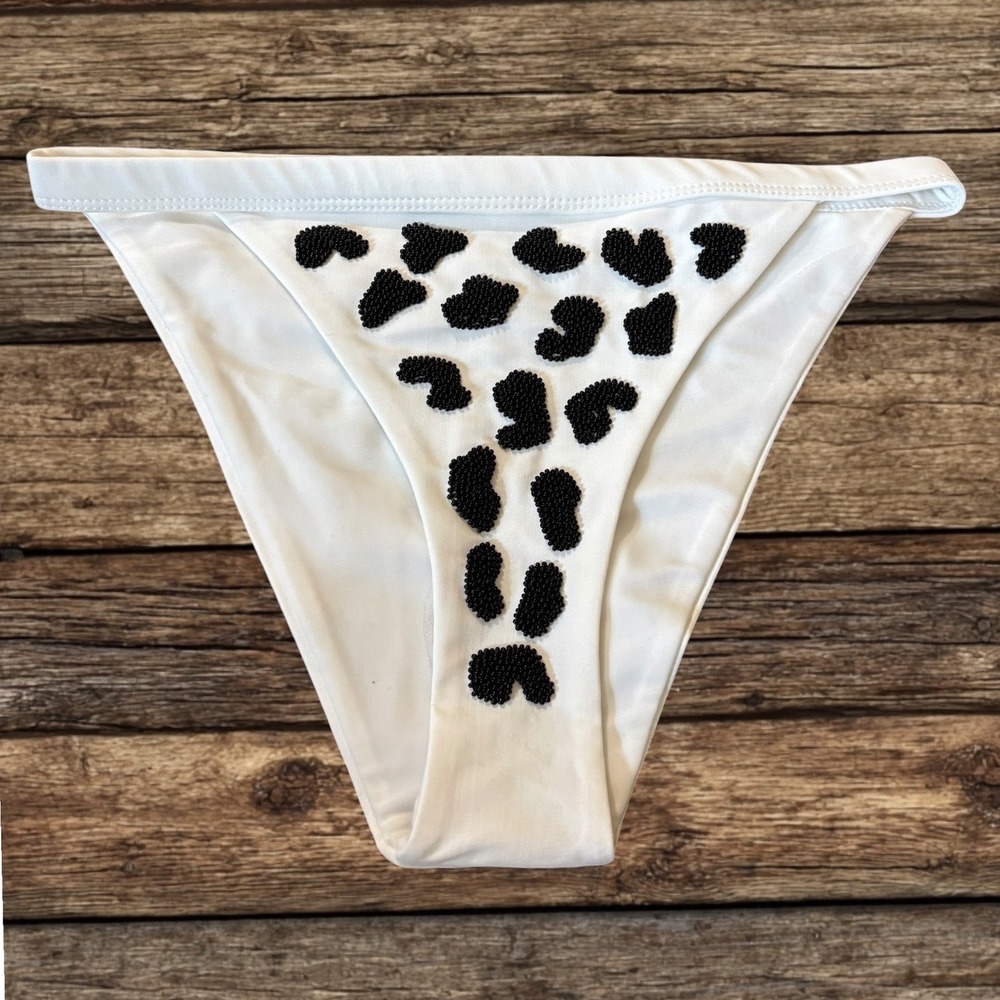 Oceanus White Black Beaded Leopard Bikini Bottoms Luxury Designer Swimwear M